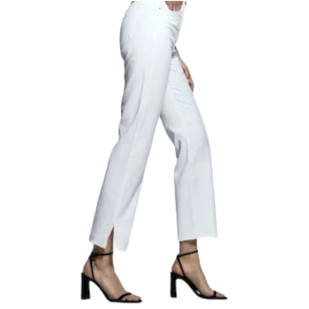 ZARA High Rise Straight Leg Jeans with Split Leg Hem White Button Front Size 6